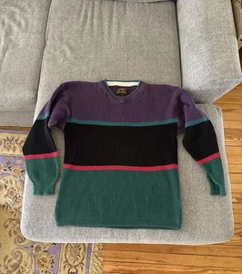 Vintage 90s Eddie Bauer Sweater medium Colorblock Knit cotton Crewneck retro - Picture 1 of 3