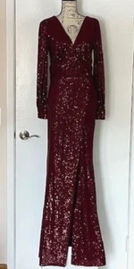 NWT WINDSOR Burgundy Sequin Dress Formal Long Sleeve High Slit Size 9 Was$90 - Picture 1 of 12