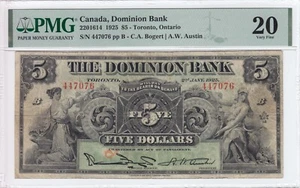 1925 Dominion Bank $5 Note Toronto Ontario Canada PMG VF20 Ink Stamp 220-16-14 - Picture 1 of 2