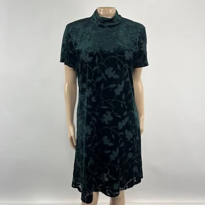 Vestido para mujer vintage años 80 90 terciopelo estampado hojas cuello falso elástico verde V3-22 Foto 1 de 4