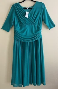 KIYONNA Teal Green Dress Women’s Size 1X (14/16) Midi Ruched Sheer Half Sleeve - Picture 1 of 6