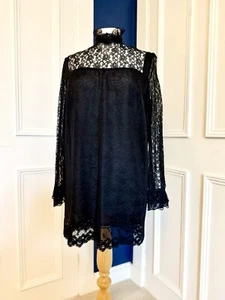 VINTAGE 1970s Black Lace Tunic Dress Ruffled Neckline & Cuffs Boho Gothic - Picture 1 of 6