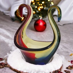 Vintage Italian Sommerso Art Glass Amber Red Blue Basket Bowl Centerpiece - Bild 1 von 12