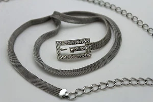 Women Elegant Fashion Narrow Belt Hip High Waist Silver Mesh Metal G Buckle S M - Picture 1 of 12