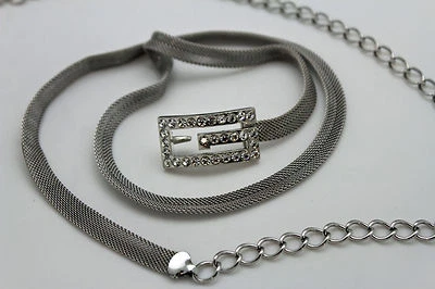 Mujeres Elegante Moda Cinturón Estrecho Cadera Cintura Alta Malla Plateada Metal Hebilla G S M Foto 1 de 4