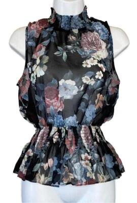 OLIVACEOUS Sleeveless High Neck Floral Blouse Sheer Stretch Top Black Sz S NWT - Image 1 of 2