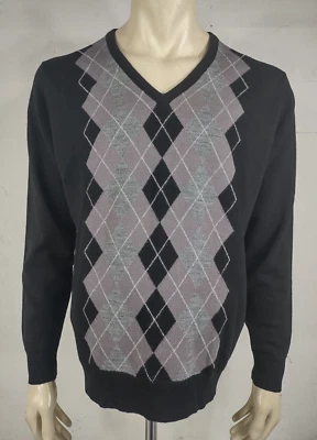 John Smedley Negro Gris Argyle 100% Lana Merino Cuello en V Suéter Hombre Grande Foto 1 de 4
