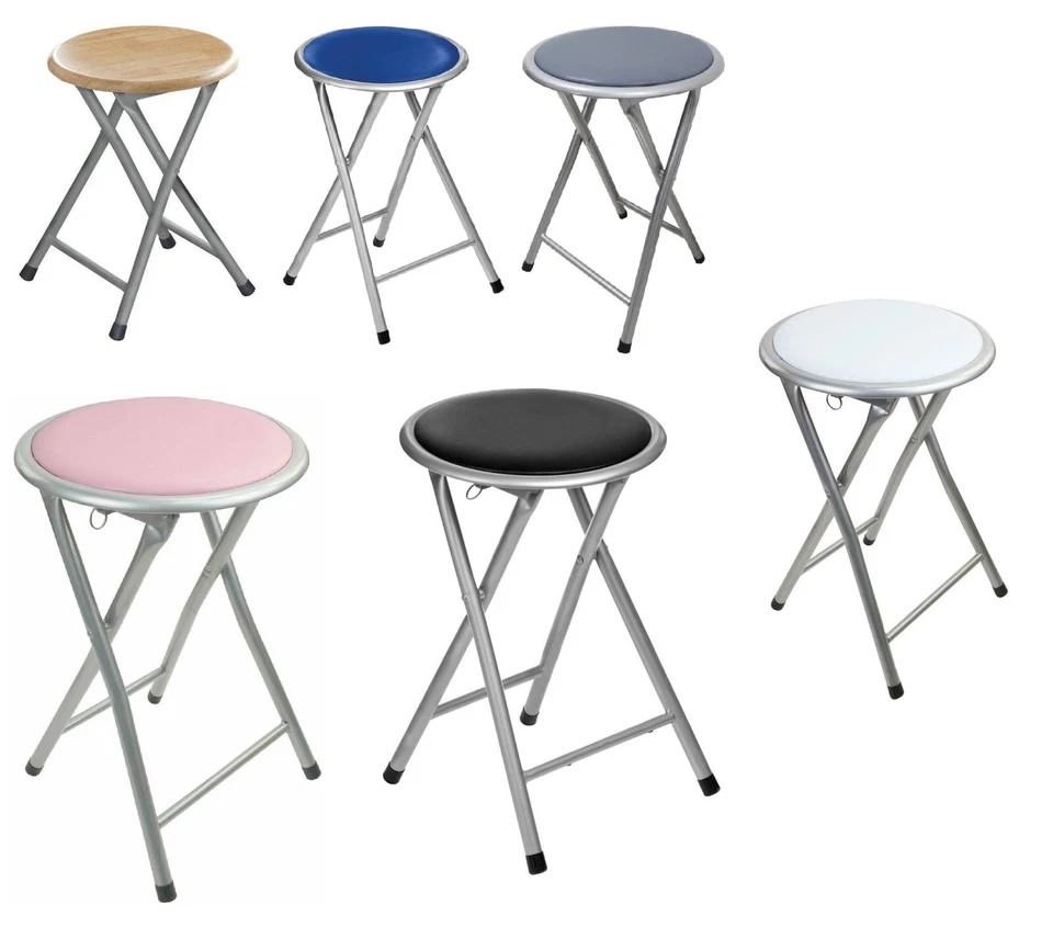 Black, White, Grey, Pink, Blue Padded Folding Stool Kitchen Breakfast Seat 45cm - Image 1 of 1