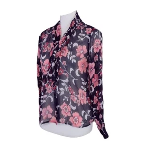 Talbots 100% Silk Blouse Black Floral Front Bow Long Sleeve Vintage Top Size 4 - Picture 1 of 8