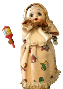 Vtg HTF Metal Canister Chime Mechanical Wind Up key Rattle wood Hands Baby Doll - Picture 1 of 12