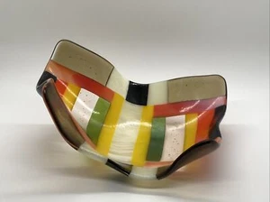 Tazón escultórico moldeado geométrico ondulado moldeado retro multicolor abstracto de vidrio artístico fundido - Imagen 1 de 12