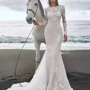 Abito da sposa vintage pizzo sirena lungo seta applicazioni spiaggia abiti da sposa - Foto 1 di 5