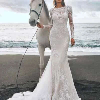 Vintage Lace Mermaid Wedding Dress Long Seeves Appliques Beach Bridal Gowns - Image 1 of 4