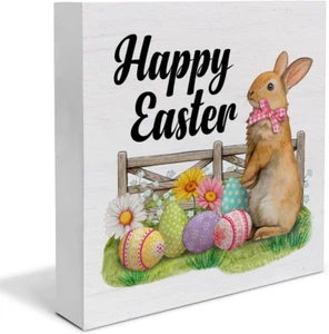 Easter Home Decor, Rustic Bunny Wood Sign Happy Easter Decorations Tabletop Shel - Picture 1 of 12