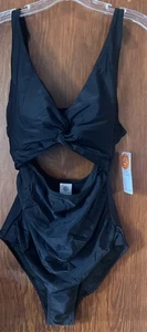 NWT Black Cut Out Keyhole One Piece Rusched Tummy Control Swim Charmo UPF 50+ M - Picture 1 of 7