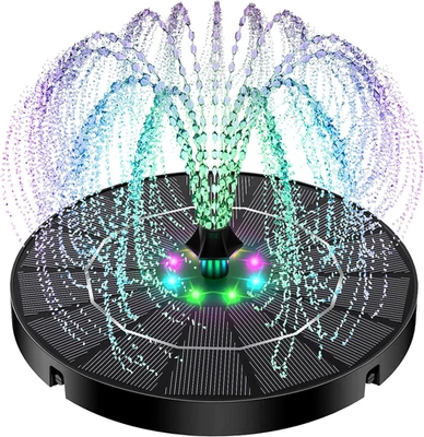 Solar Fountain Pump Bird Bath Fountain with Colorful LED Lights for Garden Pond - Photo 1/4