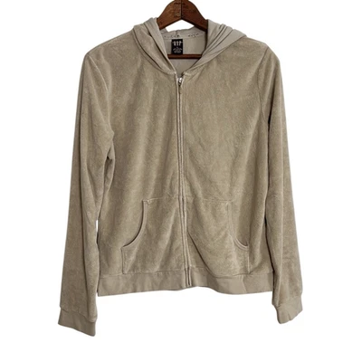 GAP 丝绒全拉链长袖棉混纺连帽衫米色 L 码 — 第 1/4 张图片