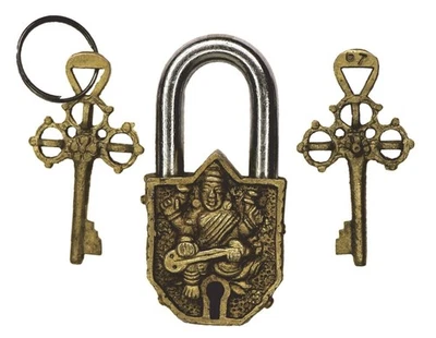 Candado de latón hecho a mano con cerradura pequeña estilo antiguo vintage diseño diosa Saraswati Foto 1 de 4