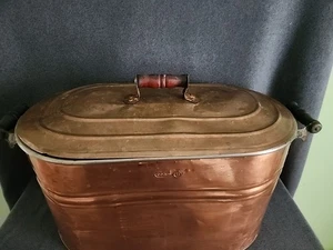 Vintage Cream City Copper Boiler Oval Tub w/ Lid & Wood Handles 22" Antique - Picture 1 of 13