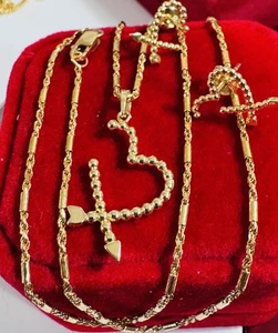 18K 750 Fine Real Pure Gold Heart Earring & Necklace 17.8/18” Long 1.2mm 7.5g - Picture 1 of 24