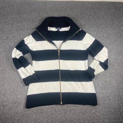 CHAPS 1X 女式开衫毛衣黑色白色条纹全拉链棉混纺 — 第 1/4 张图片