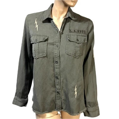 Camisa RAILS Loren Lightning Bolt tamanho M bordada verde exército mistura de linho - Imagem 1 de 4