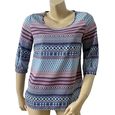 PINK OWL Womens Size Small Tribal Boho Print Back Zip Elbow Sleeve Shirt Top - Image 1 of 4