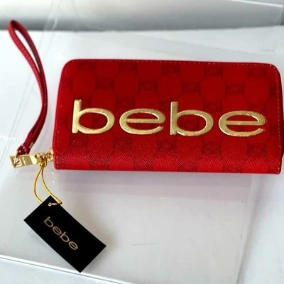NWT ($49) Bebe Red Wallet Purse Briella Wristlet Gold Logo - Изображение 1 из 4
