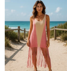 New T Party Dress Women's Pink Tye Dye Sleeveless Maxi Fringe Bohemian Medium - Picture 1 of 7