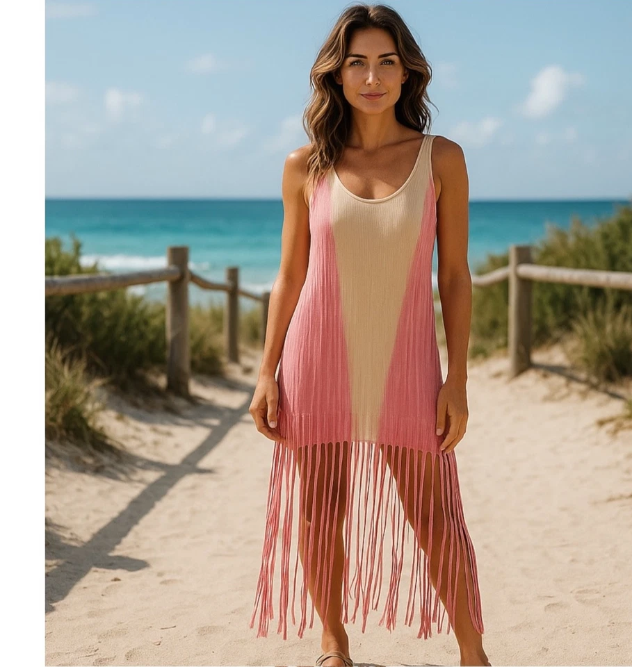 Новый T платье женщин розовый Tye краситель без рукавов макси бахрома богемный средний - Изображение 1 из 4