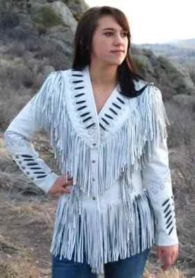 Women Native American Western Real Leather Jacket Fringe & Beaded - White - Image 1 of 3