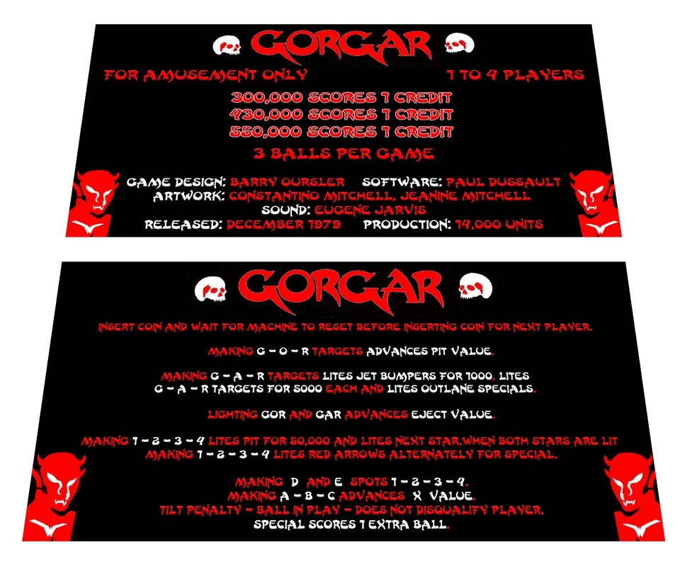 Williams Gorgar Pinball Custom Apron Instruction Cards - Image 1 of 1