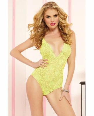 LACE TEDDY LOW V NECK FRONT ADJUSTABLE STRAPS BRIGHT YELLOW ONE SIZE - Image 1 of 3