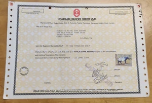 SN368439 Malaysia 1983 PUBLIC BANK BERHAD PBB Share Certificate Tapir stamp - Picture 1 of 7