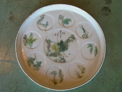 Antigua bandeja de té china de porcelana pintada con caligrafía exclusiva siglo XIX Foto 1 de 4