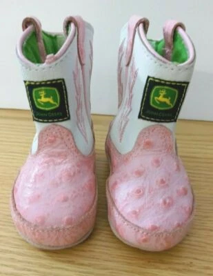 John Deere Girls Infant Pink Ostrich Leather Embroidered Boots Baby 1 M - Image 1 of 4