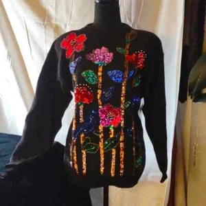 Neu mit Etikett Vintage 80er schwarzer Rundhalspullover mit Pailletten & Perlen farbigen Blumen - Größe M - Bild 1 von 15