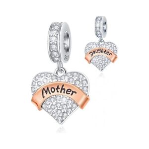 Mother Daughter CZ Pendant S925 Sterling Silver Bead Charm for Women Mum Sister