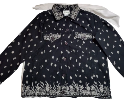 THE QUACKER FACTORY Women SZ. L BLACK DENIM JACKET BANDANA PRINT CRYSTAL BEADED - Image 1 of 4