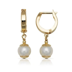 14K Solid Yellow Gold 7x25mm Genuine Pearl Dangle Hoop Huggie Earrings - Picture 1 of 1