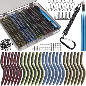 Wacky Worm Fishing Lure Kit with Tackle Box - Soft Plastic Grub Baits - Picture 1 of 8
