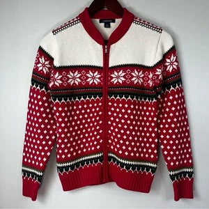 Lands' End Kids Medium Red & Ivory Fair Isle Snowflake Zip-Up Sweater Cotton - Picture 1 of 11