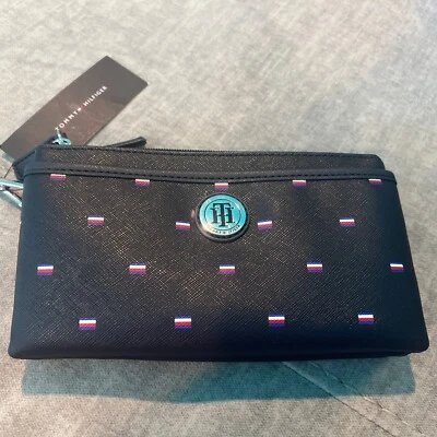 NWT New Women's Tommy Hilfiger Logo Dual Zip Wristlet Wallet Front Pocket Navy - Image 1 of 4