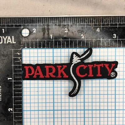 VINTAGE PARK CITY MOUNTAIN RESORT SKI UTAH BLACK RED TEXT 3" IRON ON CLOTH PATCH - Image 1 of 2