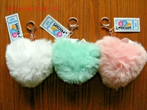 NEW Fuzzy Plush Heart Pom Pom Clip pink white or green 4" keychain backpack acc. - Picture 1 of 5