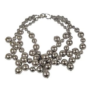 Kenneth Jay Lane Bubble Necklace Silver Gray Faux Pearl Rhinestone 3 Strand - Picture 1 of 16