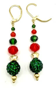 Festive Christmas Red & Green Glass Beaded Long Linear Dangle Leverback Earrings - Picture 1 of 4