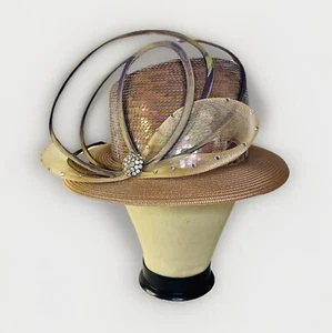 Vintage Whittall & Shon Hat Straw Rhinestone Feather Kentucky Derby Church Lady - Picture 1 of 9