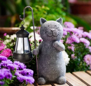 Cat Statue Solar Garden Ornament with Lantern - Outdoor Decor for Patio, Balcony - Picture 1 of 10