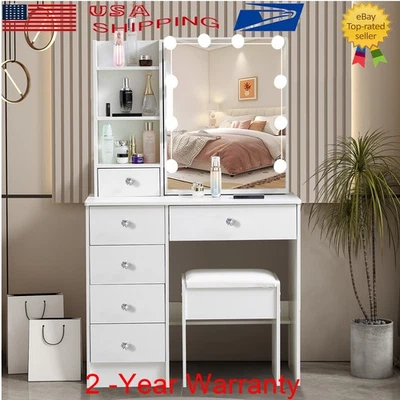 Vanity Stool Set Makeup Dressing Table w/ LED Lighted Sliding Mirror & 6 Drawers - Image 1 of 4